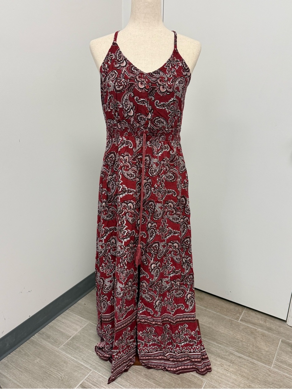 Y2K Boho Halter Maxi Dress Festival Womans Size Red Paisley Bandana Print Hippie